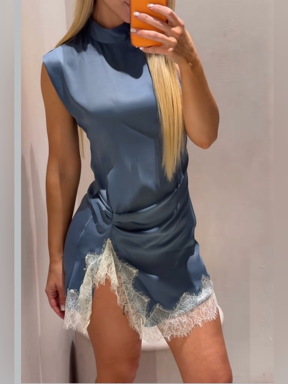 ZARA Satin and lace blue mini dress